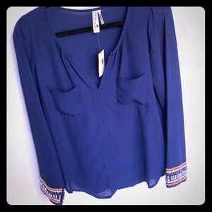 Pink Owl Navy Blue Blouse with beaded sleeves
